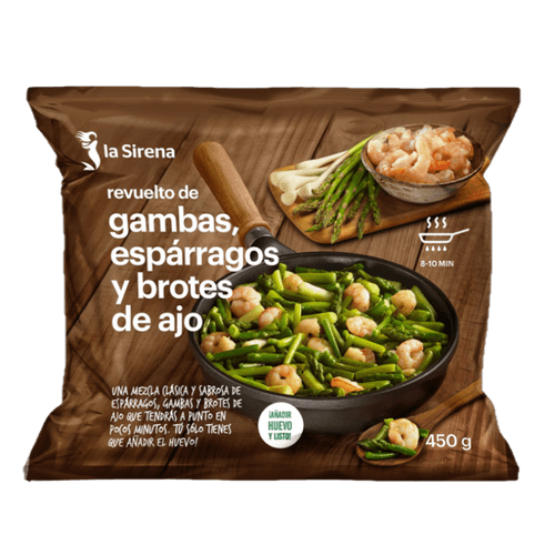 Revuelto de ajos, espárragos y gambas