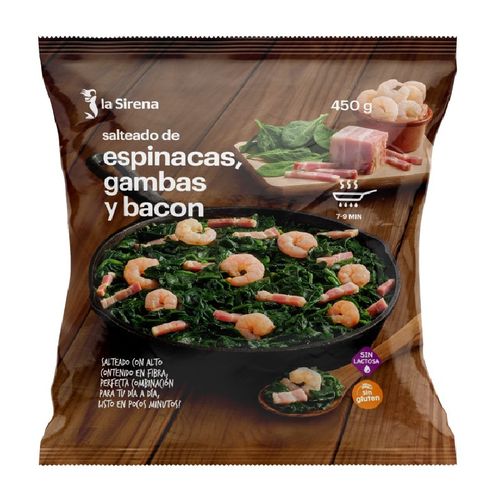 Saltat d'espinacs, gambes i bacó