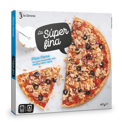 Pizza la súper fina tonyina, ceba i olives negres