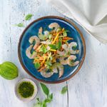 Carpaccio-de-gambas-con-lima--y-albahaca-sobre-verduras