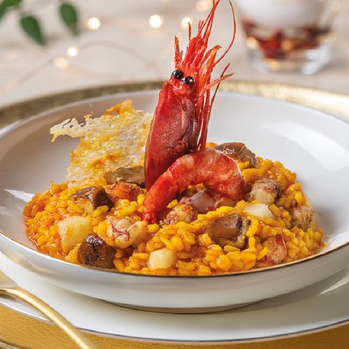 Arròs melós de carrabiner, ceps i pera