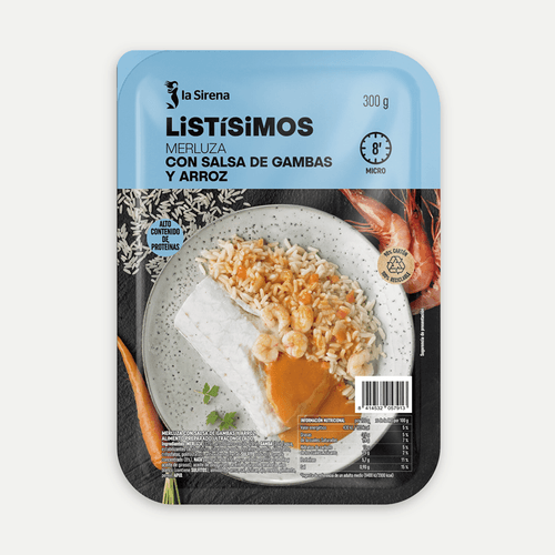 Merluza con salsa de gambas y arroz Listísimos