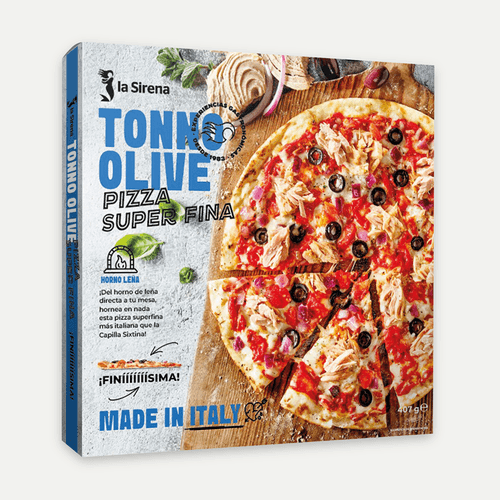 Pizza la súper fina atún, cebolla y olivas negras
