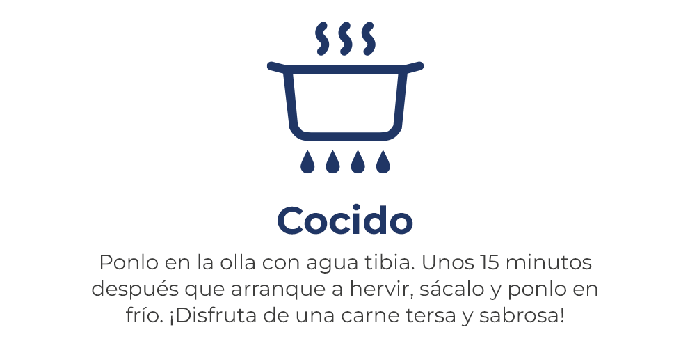 Cocido. Mételo en la olla con el agua atemperada. Unos 15 minutos después de que arranque a hervir, quítalo y mételo en frío. ¡Disfruta de una carne tersa y sabrosa!